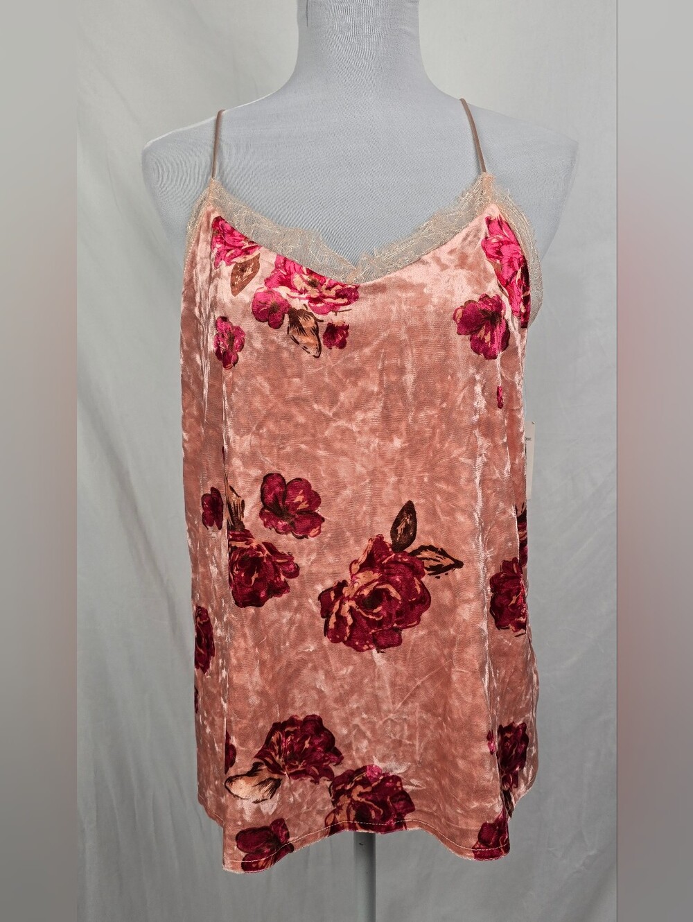 Banjara Tan Rose Feminine Velvet Lace Trim Bohemian Whimsical Top sz L NWT